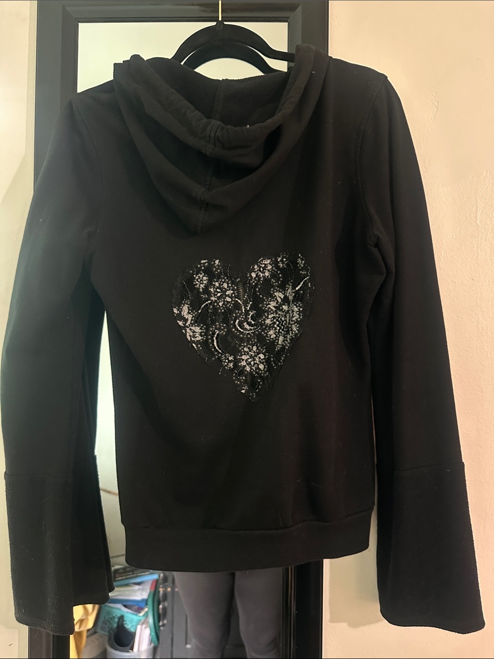 TWISTED HEART Black Hooded Pullover with Lace Heart Back